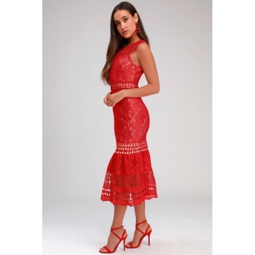Lulus Charlee Red Lace Sleeveless Midi Dress Size S